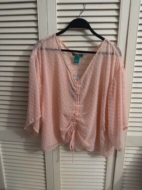Light Pink Swiss Dot V-Neck Ruched Front Blouse by Cartonnier